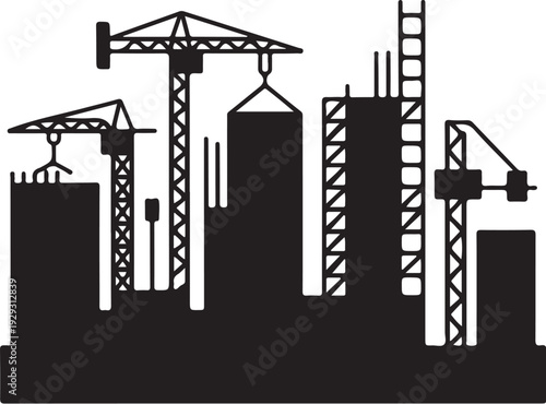 Black silhouette construction site with cranes and buildings 1