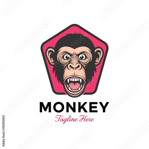 Roaring monkey head vector illustration, angry primate emblem with open mouth, wild animal graphic design element.