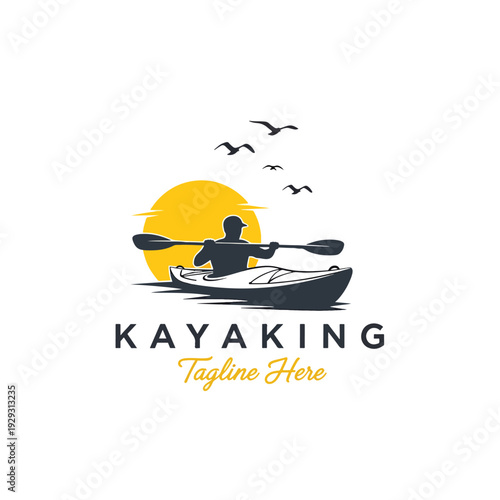 Kayaker paddling on calm water at sunset, with birds flying above - vector illustration