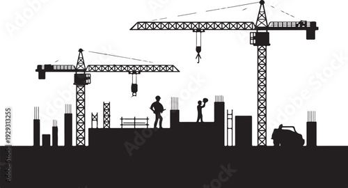 Black silhouette construction site with cranes and workers