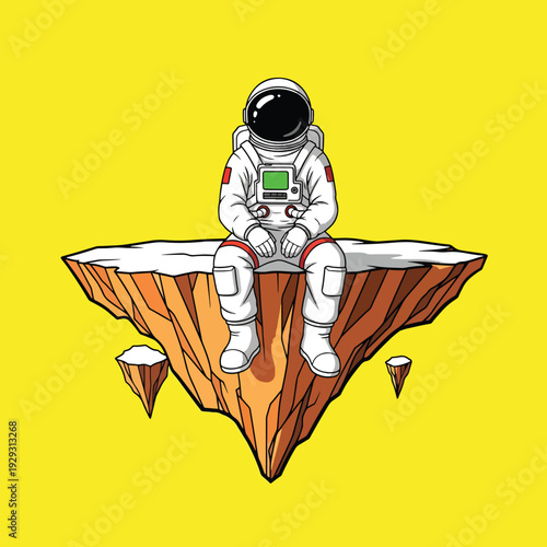 Serene Spaceman Contemplating on a Floating Island in a Vibrant, Minimal Cosmos