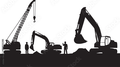 Black silhouette construction site with excavators and crane