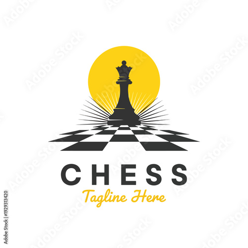 Iconic chess queen logo on a dynamic strategic board with a radiant background, symbolizing intellect and victory.