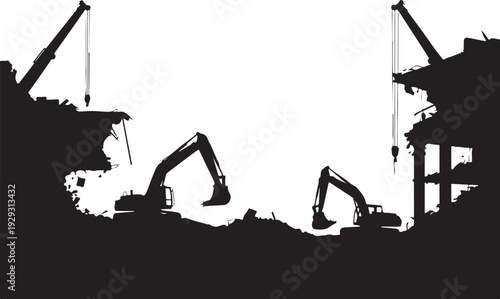 Black silhouette construction site with excavators and cranes