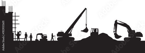 Black silhouette construction site with excavators and workers