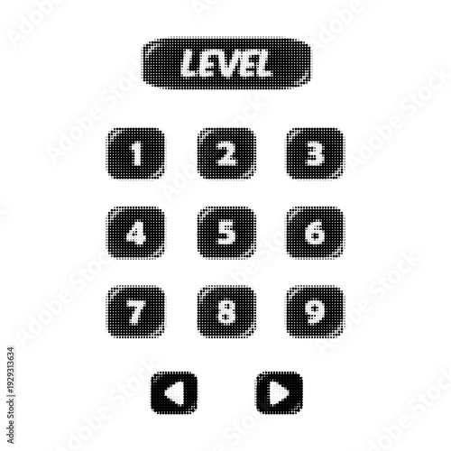 Black and white halftone calculator interface with number pad and display. Monochrome keypad icon set isolated on white background. Finance and accounting concept.
