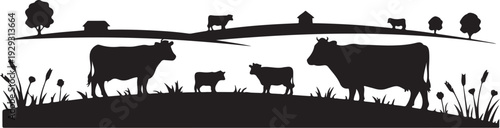 Black silhouette cows and calves on grassy hills with trees and barn