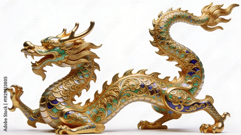 Fototapeta premium a fullbody golden Chinese dragon decorative sculpture, ultra detailed gold filigree, isolated on pure white background, clean stock style lighting 