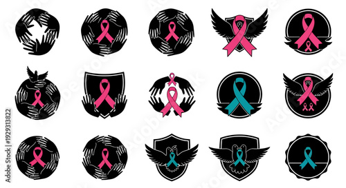 Collection of breast cancer awareness ribbons in various designs.