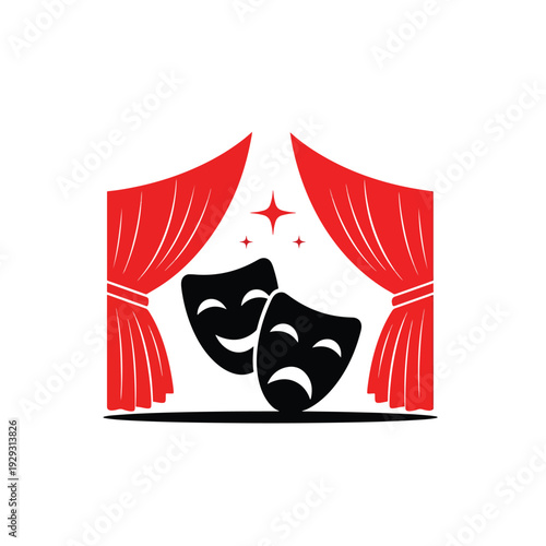 Stylized Theatrical Stage Performance with Comedy and Tragedy Masks Vector Illustration