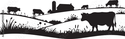 Black silhouette cows grazing on rolling hills with farm buildings