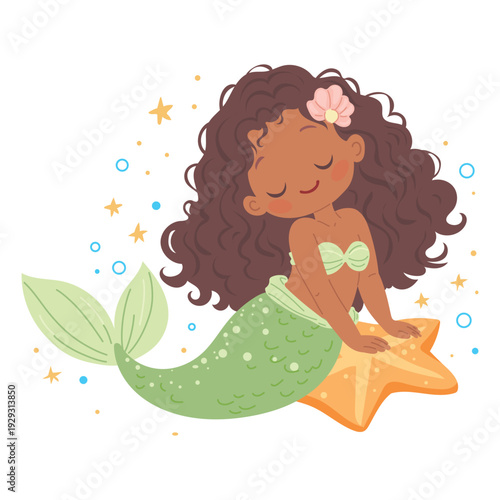Flat vector illustration in children's style. Cute mermaid character with long hair on white background. Cartoon mermaid for kids print, posters, nursery decor