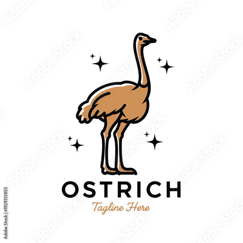 Stylized Ostrich Illustration Standing, Minimalist Vector Graphic Design with Star Accents