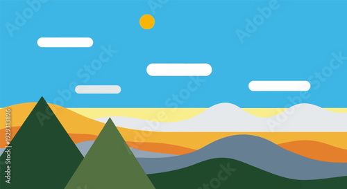 Mountain landscape in minimalist style with bright colorful gradient and flat design for travel brochure