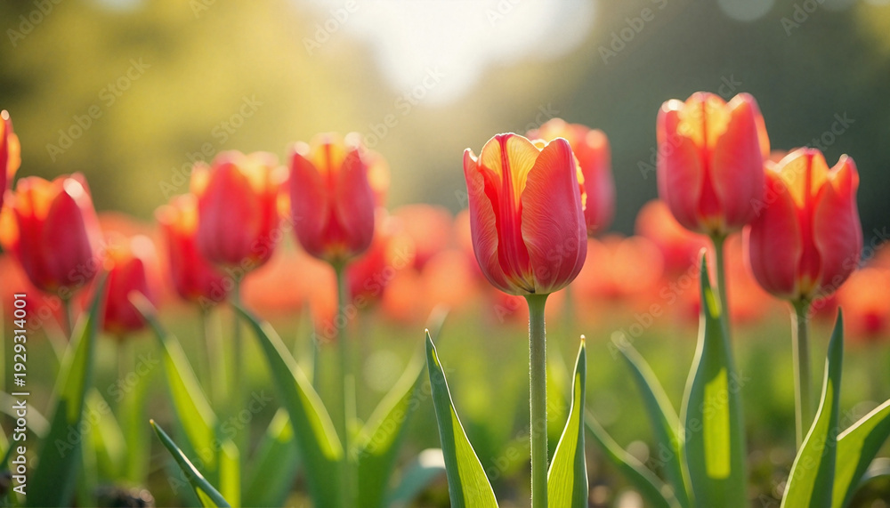 Obraz premium Red Tulips in Golden Light – March 8 International Women’s Day Floral Background