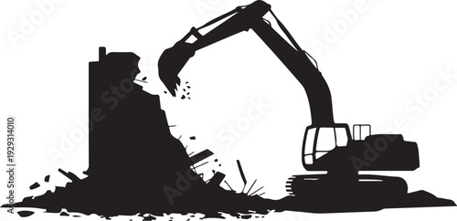 Black silhouette excavator demolishing building demolition 2