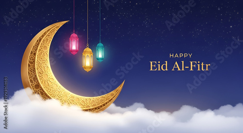 Eid al Fitr Ramadan celebration golden crescent moon lantern clouds night sky islamic festival greeting background for mubarak wishes culture faith