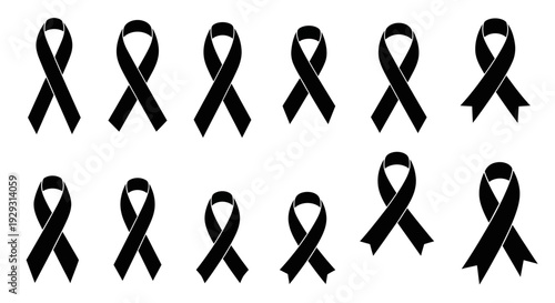 Collection of black awareness ribbons on white background.