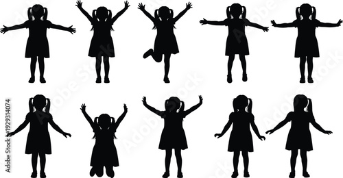 Cute little girl silhouette set featuring various poses including jumping, dancing, arms raised, and standing isolated on white for kids design,