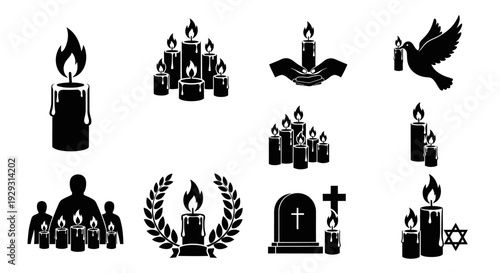 Collection of black silhouettes representing memorial and mourning symbols.