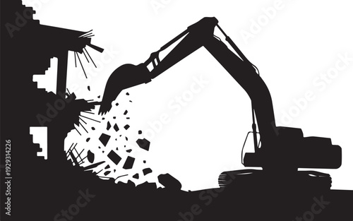 Black silhouette excavator demolishing building demolition 4