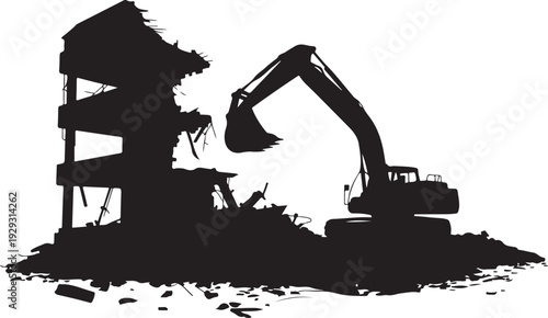 Black silhouette excavator demolishing building demolition 5