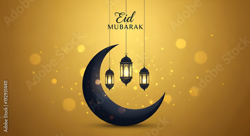 Eid Mubarak Ramadan celebration crescent moon lantern golden light islamic festival greeting background for prayer culture faith muslim holiday design