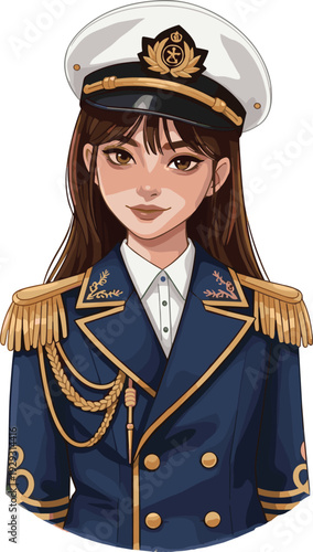 Military uniform illustration, formal navy blue attire, ceremonial officer costume, gold epaulets and decorations, peaked cap with anchor emblem, detailed design
