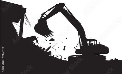 Black silhouette excavator demolishing building demolition 7
