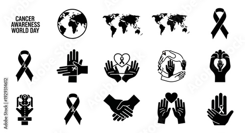 Cancer Awareness World Day icons set with ribbons and hands.