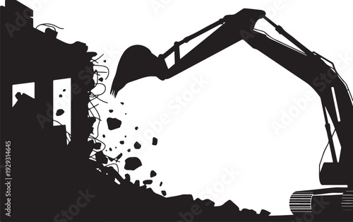 Black silhouette excavator demolishing building demolition 8