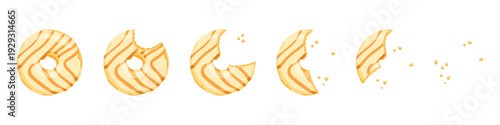 Flat vector illustration of vanilla glazed donut gradually eaten in 6 stages, step by step food process with bite marks and crumbs isolated on white background