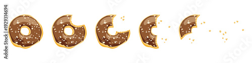 Flat vector illustration of chocolate glazed donut with sprinkles gradually eaten in 6 stages, step by step food process with bite marks and crumbs isolated on white background