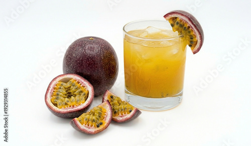 High-quality image of fresh passion fruit juice with ice and sliced passion fruit on a white background, highlighting a refreshing tropical drink and healthy fruit concept.