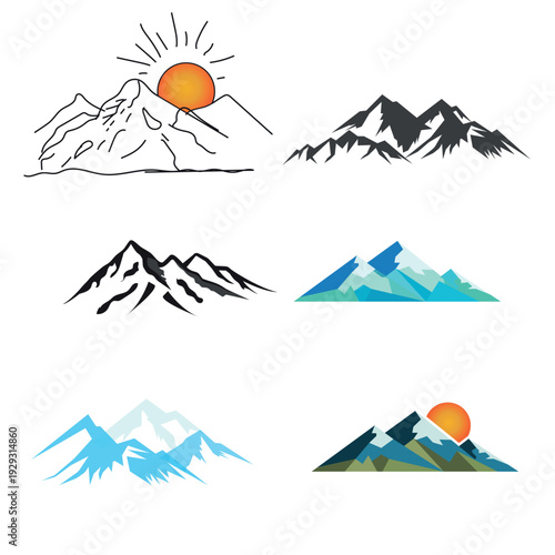 Vector mountain silhouettes and peaks for travel, outdoor adventure, and nature logos./Set of mountain ranges with geometric shapes, line art, and sun illustrations