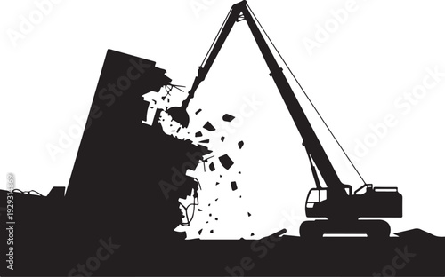Black silhouette excavator demolishing building demolition 11