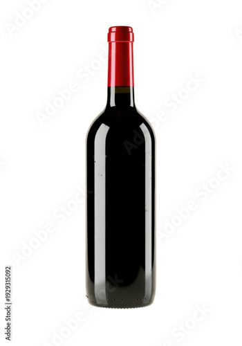 An elegant unlabeled black glass bottle of chilled white wine with a red capsule, floating on a glossy white background with copy space. Concept for luxury beverage advertising