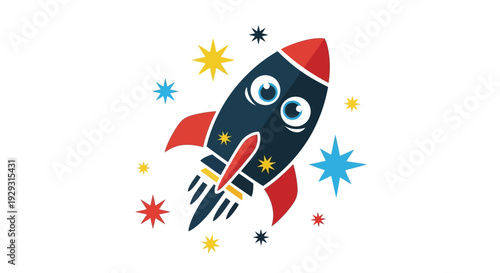 Colorful cartoon rocket ship blasting off.