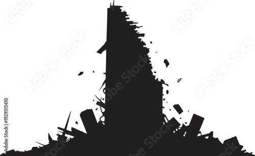 Black silhouette of a building exploding explosion