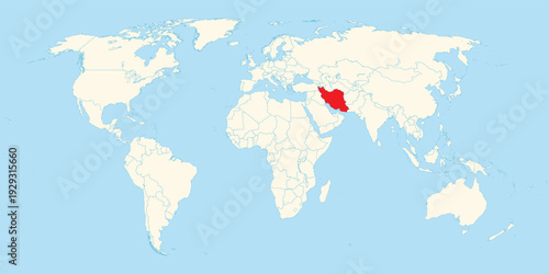 Flat world map illustration highlighting Iran in red situated within the Middle East and Central Asia
