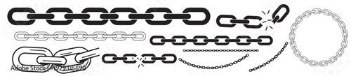 metal chain link outline icon set, broken connector and industrial steel hardware vector illustration on transparent background