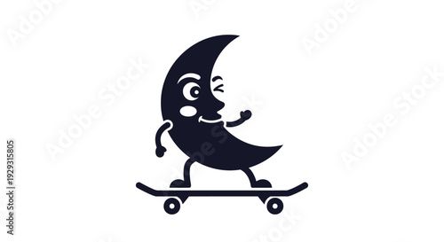 Smiling crescent moon on skateboard tricks.