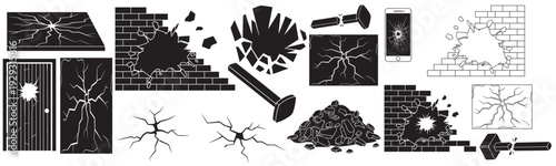 broken wall and shattered glass crack effect set, impact damage holes and debris vector illustration on transparent background