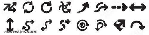 black arrow icon set, navigation and direction symbols, curved rotate refresh and transfer vector illustration on transparent background