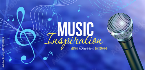 Horizontal music inspiration banner with a soft blurred sea background, flowing musical staff shaped like a wave, flying notes, treble clef and realistic microphone. 