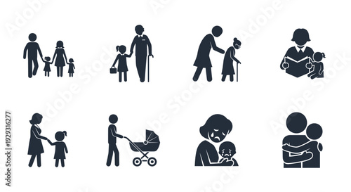 Family care icons set with various activities and relationships.