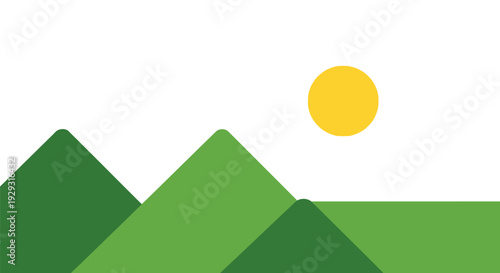 Green Mountains with Yellow Sun in Simple Flat Design on White Background for Environmental Awareness