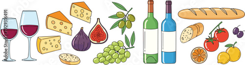 Italian food and wine collection with red and white wine bottles, cheese wedges and fresh grapes, cad drawing flat vector illustration