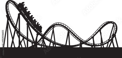 Black silhouette of a roller coaster with people on a white background