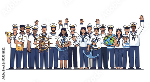 Diverse group of sailors and ship officers standing together in various poses with nautical objects on a white background with a vibrant and celebratory mood.